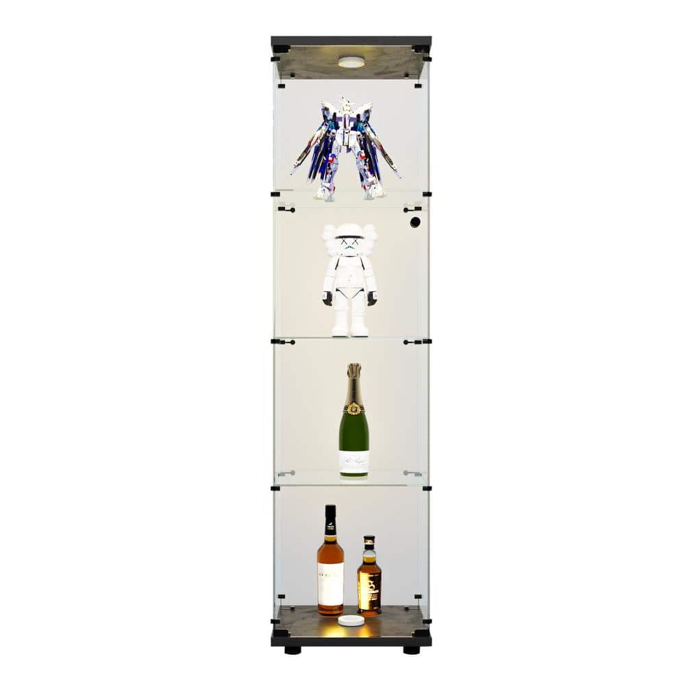 Black 17 in. x 65 in. 4-Tier LED Lights Glass Display Cabinet Decorative Bo