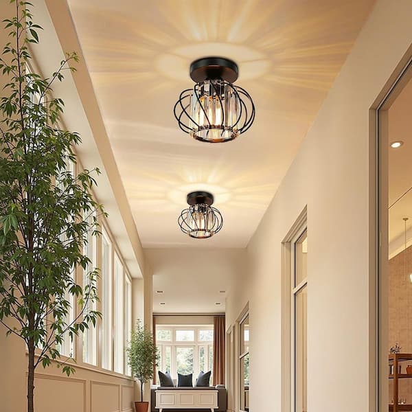 7 in. 2-Piece 1-Light Modern Black Semi Flush Mount Ceiling Light for Foyer Closet Entryway Kitchen Bedroom Dining Room