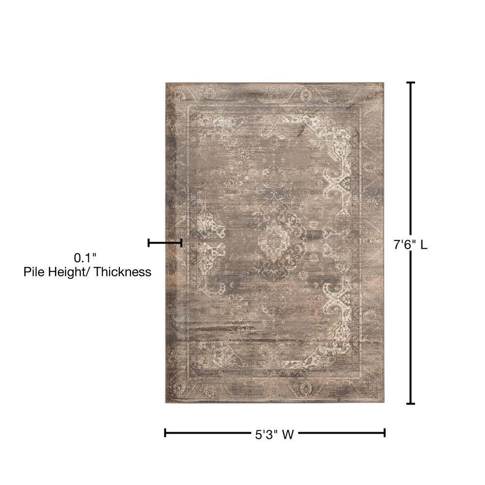 Soft Anthracite Floral Viscose 5' x 7' Easy-Care Area Rug