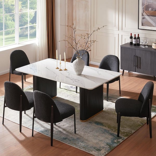 Glam 7-Piece Wood Rectangle Dining Table with Black Boucle Chairs Metal Legs Dining Room Set for Kitchen
