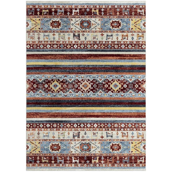 Everwash Treasure Heris Red/Blue 6 ft. x 9 ft. Geometric Machine Washable Runner Area Rug