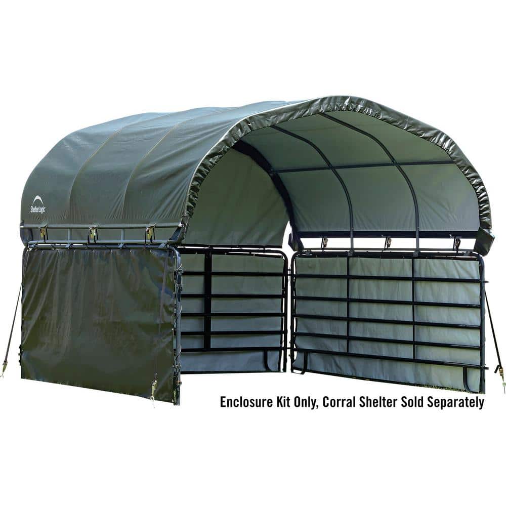 ShelterLogic 12 ft. D x 12 ft. W Enclosure Kit for Corral Shelter in Green with UV-Treated, Heat-Sealed Panels The Corral Shelter 12 ft. x 12 ft. Enclosure Kit is the perfect addition to your Corral Shelter unit from ShelterLogic. Create a complete enclosure for your corral gates and fences using this enclosure kit and attach it easily onto your Corral Shelter unit. The perfect add-on for anyone looking for extra enclosure protection for your equine, storage and livestock. Color: Green.
