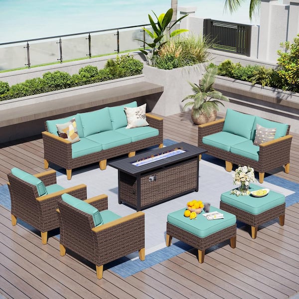 PHI VILLA Brown Rattan Wicker 9 Seat 10-Piece Steel Outdoor Patio Conversation Set with Blue Cushions, Rectangular Fire Pit Table
