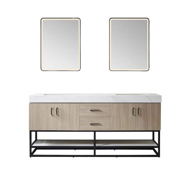 ROSWELL Toledo 72 in. W x 22 in. D x 34 in. H Double Sink Bath Vanity in Light Walnut with White Composite Stone Top and Mirror