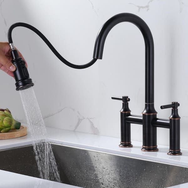 1 or 3-Holes Brass Double Handle Bridge Kitchen Faucet with 3-Mode Pull Down Sprayer, Supply Lines in Oil Rubbed Bronze