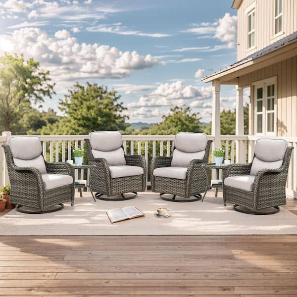 moosprr Luxury 6-Piece Gray Wicker Patio Conversation Set with Olefin Beige Cushions and Swivel Gliders/Side Tables