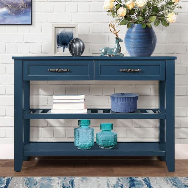 42.01 in. Navy Blue Rectangle Wood Top Console Table with 2-Storage Drawers and 2-Tiers Shelves
