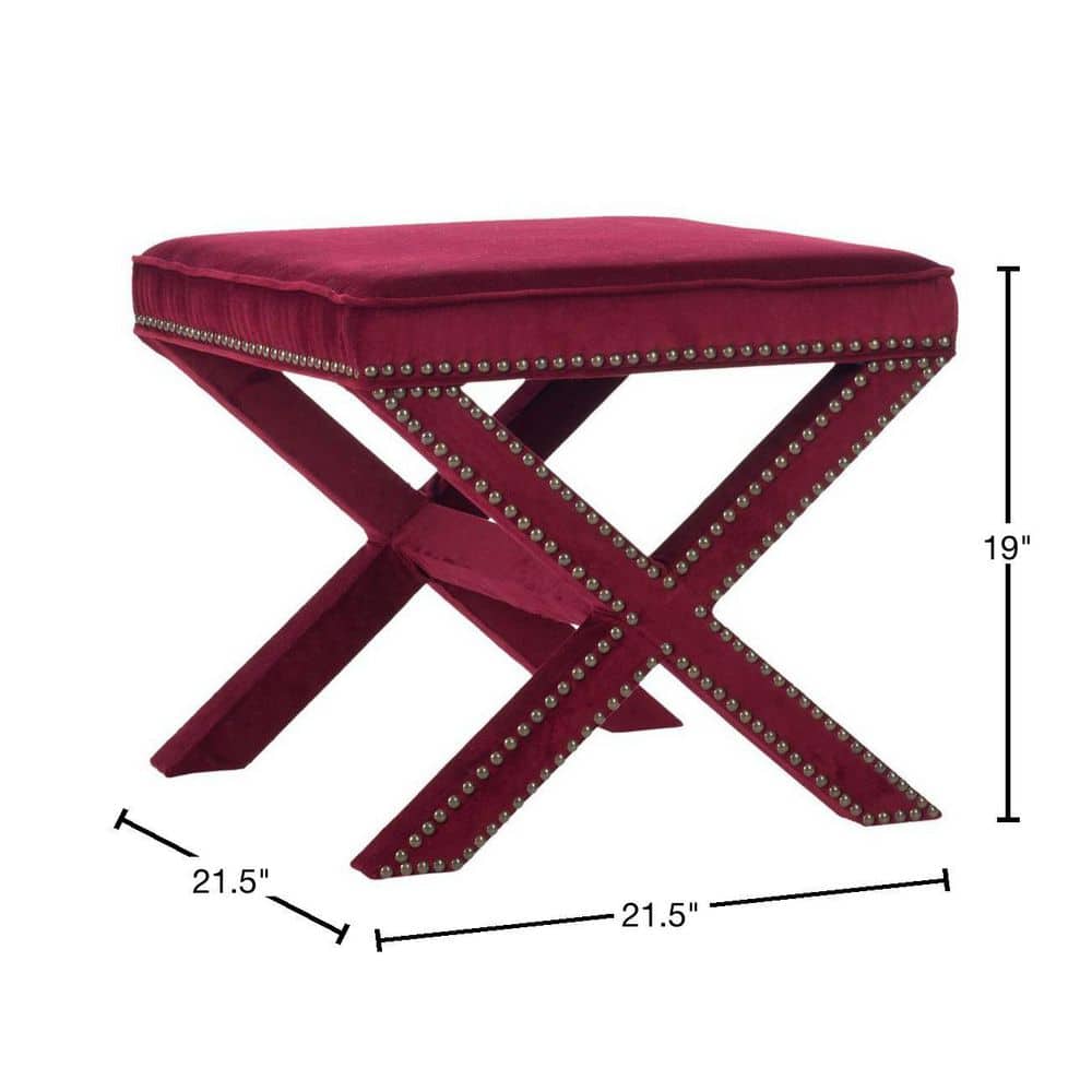 Palmer Red Velvet Ottoman with Brass Nailhead Trim
