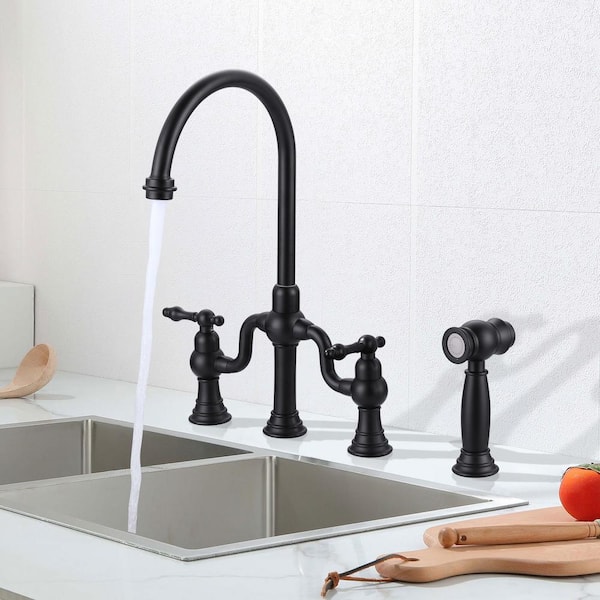 Double-Handle High-Arc Deck Mounted Bridge Kitchen Faucet in Black