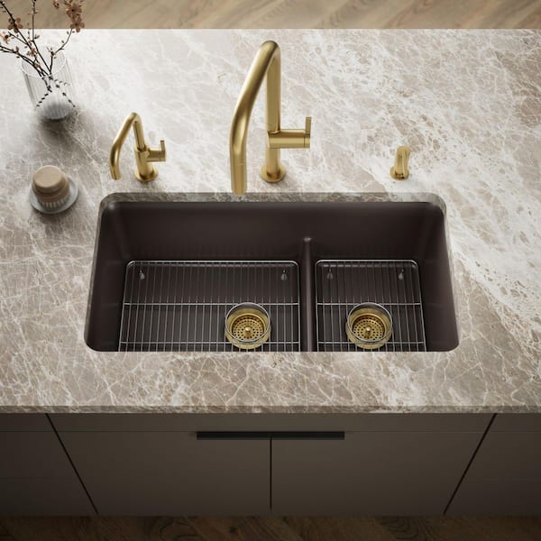 Cairn Matte Brown Granite Composite 33 .5 in. Double Bowl Undermount Kitchen Sink