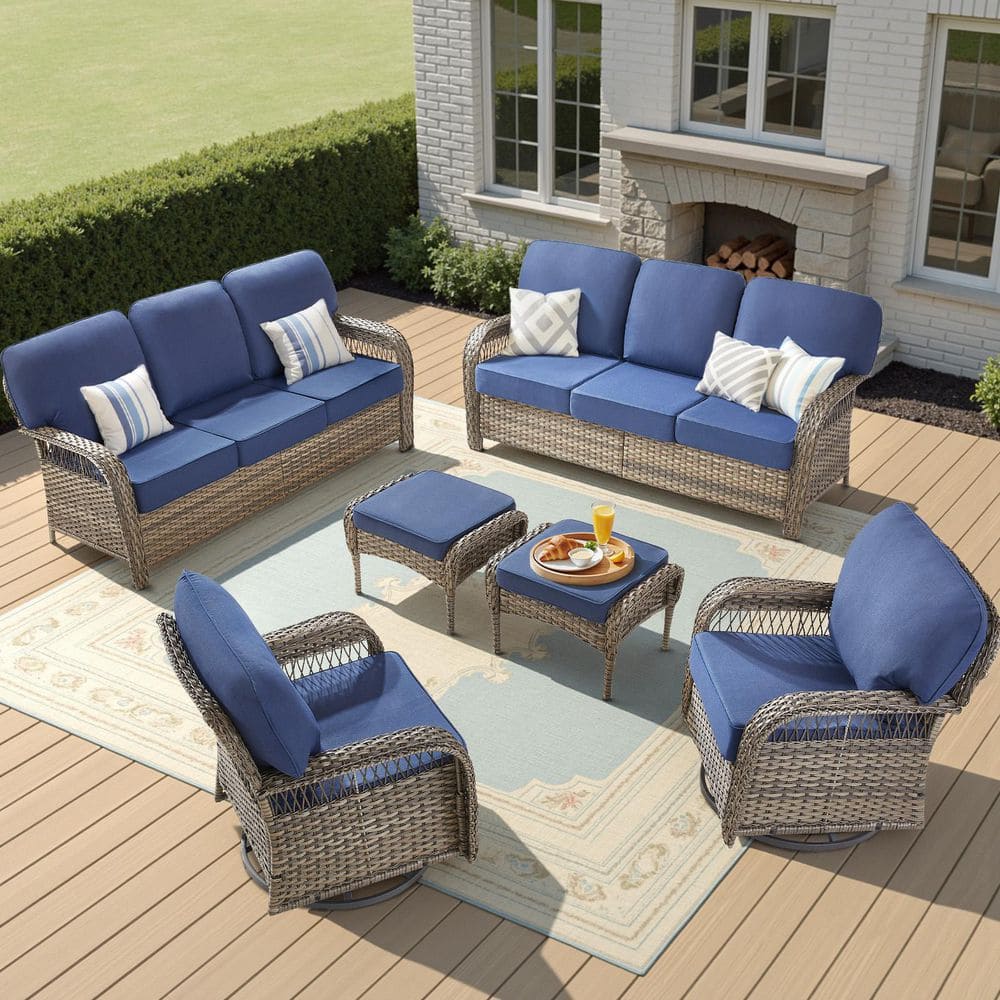 Tyber Gray 6-Piece Wicker Patio Conversation Set with Swivel Rockers, Outdoor Sofa Seating Set with 5 in. Blue Cushions price history on PriceWatchPro