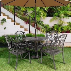 5 Piece Cast Aluminum Patio Outdoor Furniture Dining Table Set for Patio Garden Deck, Lattice Weave Design Black