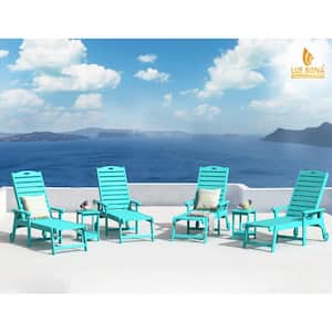 Hampton Aruba Blue Plastic Outdoor Chaise Lounge Chair with Adjustable Backrest Pool Lounge Chair and Wheels Set of 3