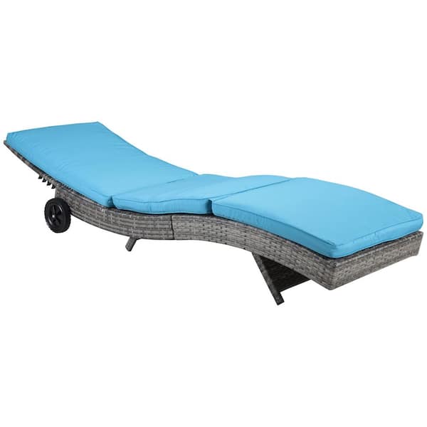 BOPOREA MEGO LLC Wicker Outdoor Lounge Chair with Blue Cushion, Pool Chaise Chair, Sun Lounger with Adjustable Backrest and Wheels