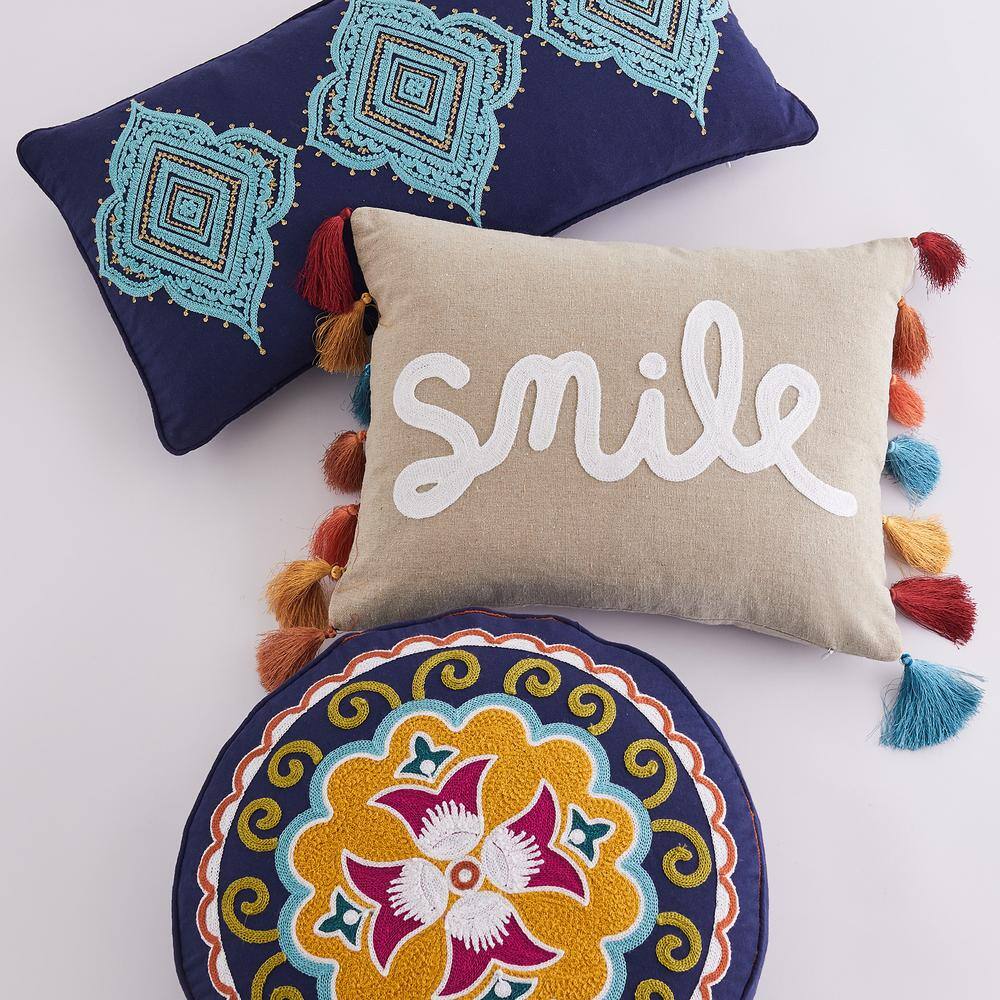 Navy Blue Embroidered Medallion Feather-Filled Decorative Pillow 12x24