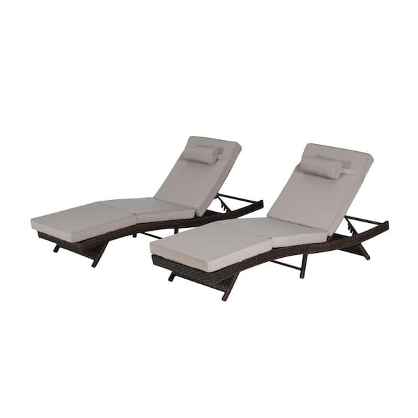 Unbranded Gray Wicker Outdoor Lounge Chair with Light Gray Cushion and Adjustable Backrest (2-Pack)