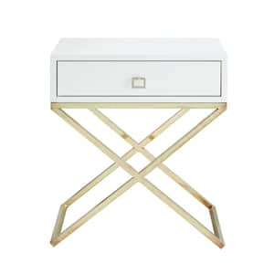 Laila Square Lacquered White/Gold Metal X-Leg Nightstand