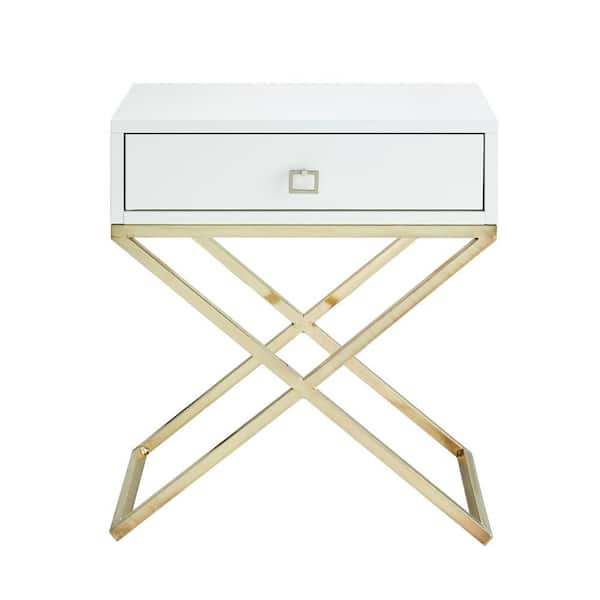 Inspired Home Laila Square Lacquered White/Gold Metal X-Leg Nightstand
