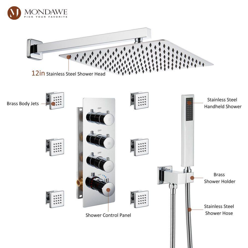 12 Inch Chrome LED Wall Mounted Rain Shower System with Handheld and Body Jets