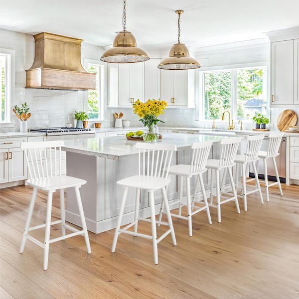 LUE BONA Windsor 24 in. White Solid Wooden Bar Stool for Kitchen Island Counter Height Stool with Spindle Back Set of 4