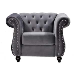 Feinstein 40.6 in. Gray Velvet Upholstered Chesterfield Arm Chair