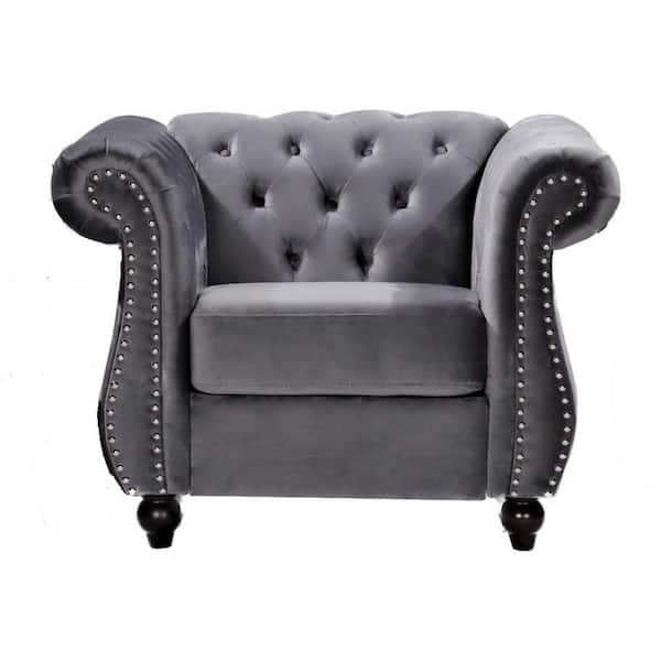 US Pride Furniture Feinstein 40.6 in. Gray Velvet Upholstered Chesterfield Arm Chair