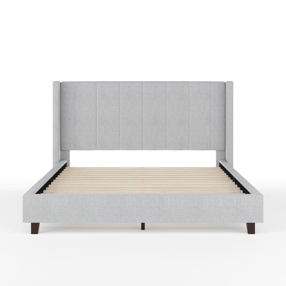 Gray Queen Upholstered Platform Bed with Linen Wingback Headboard