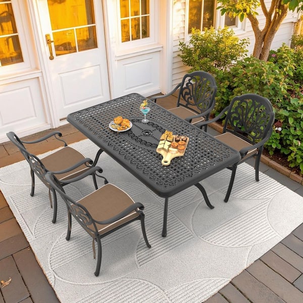 Elizabeth Black 5-Piece Cast Aluminum Outdoor Dining Set with Rectangle Table and Dining Chairs and Random Color Cushion