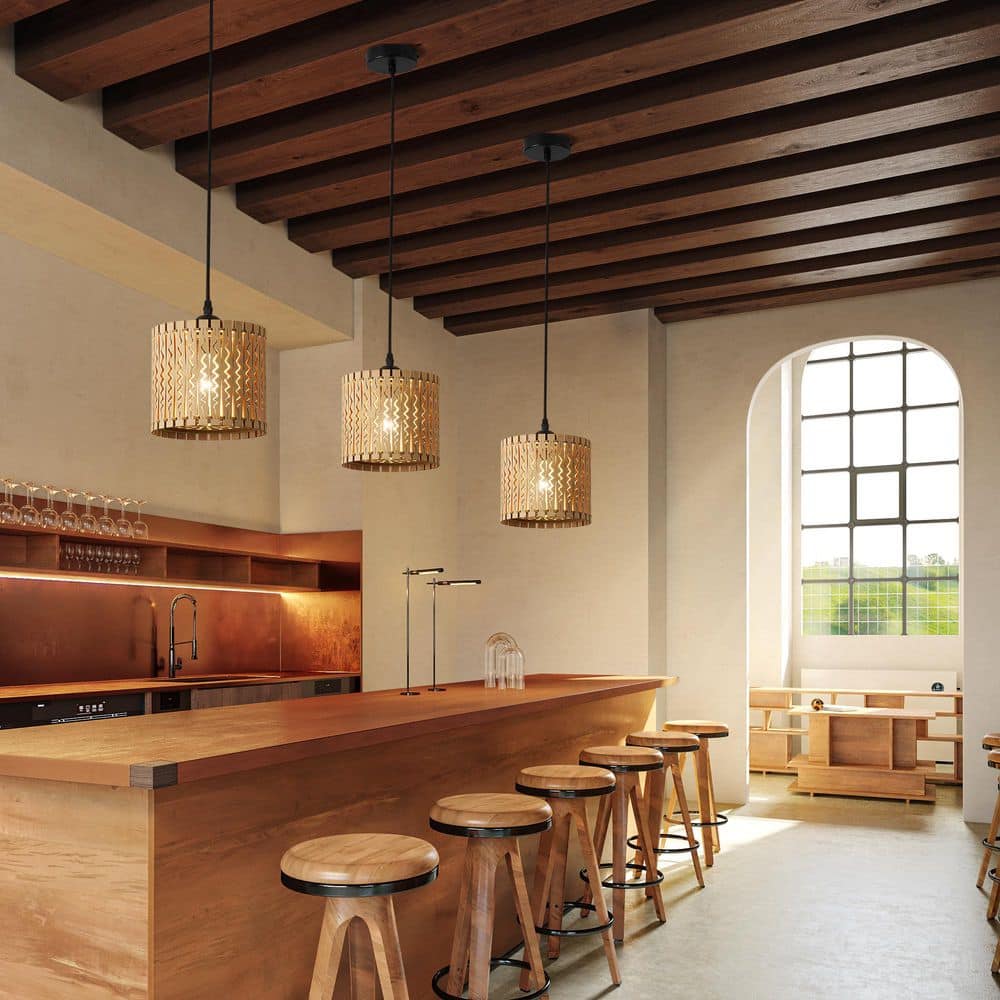 60-Watt 1 Light Black Natural Boho Farmhouse Dimmable Pendant Light with Wood Shade, No Bulbs Included (3-Pack) price history on PriceWatchPro