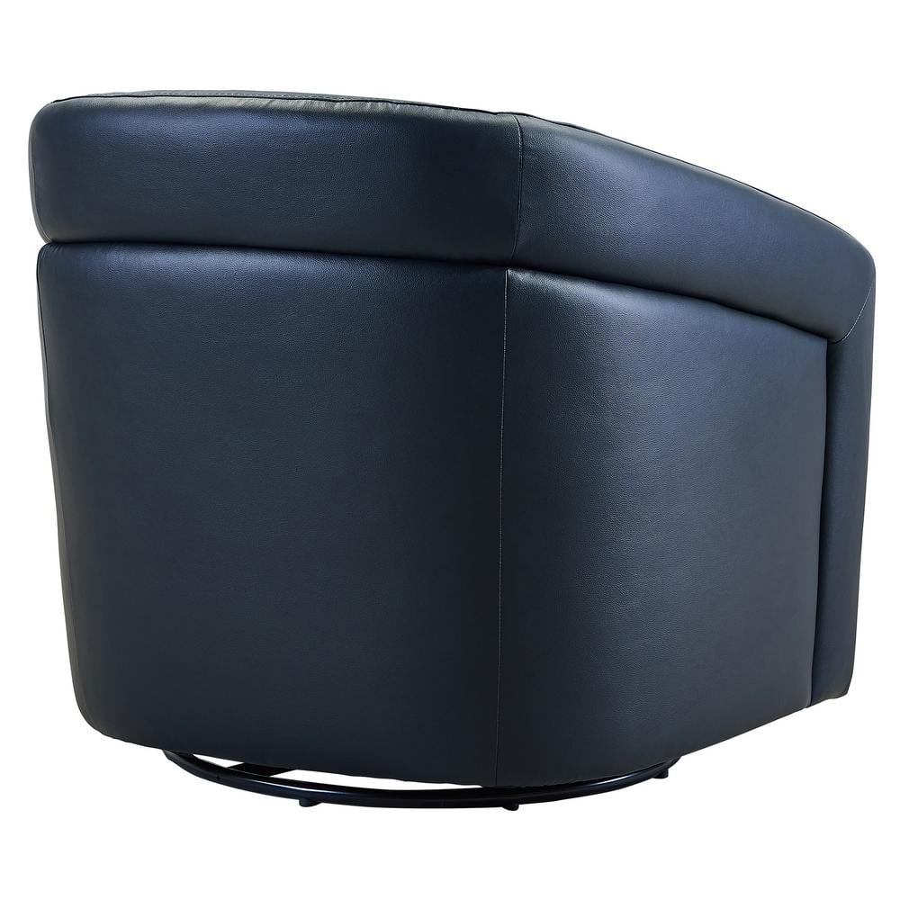 Contemporary Black Leather Swivel Barrel Accent Chair with Wood Base