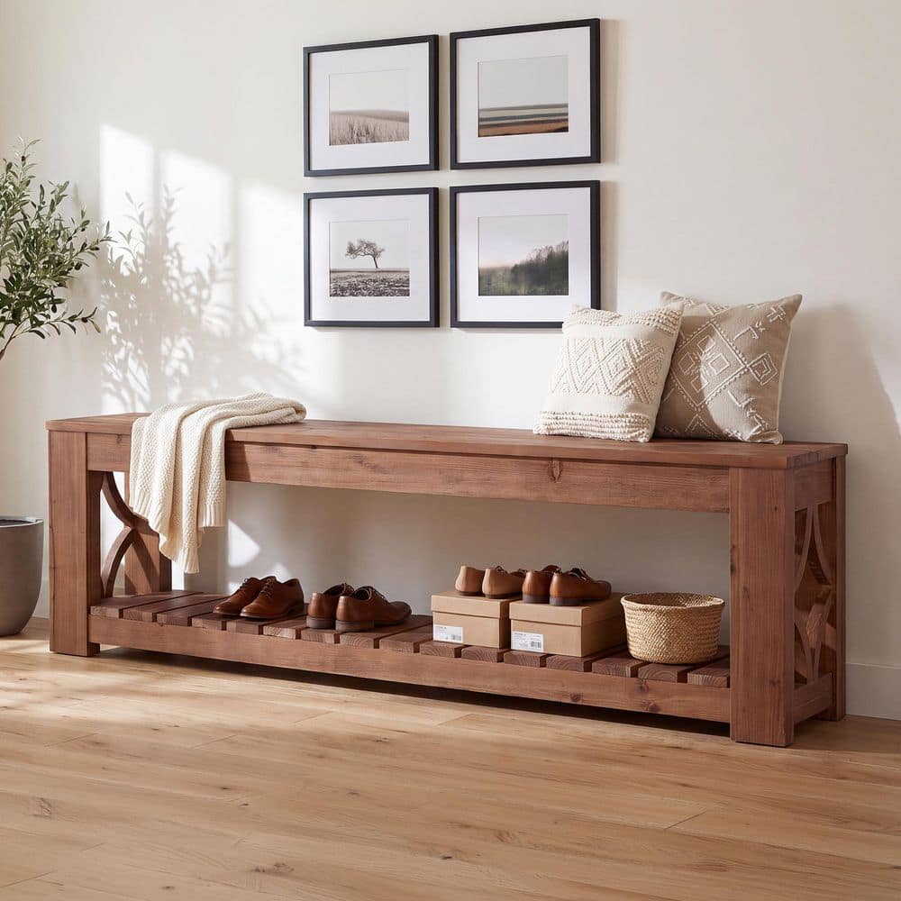 63 in. Brown Solid Wood Entryway Bench with Open Storage for Entryway