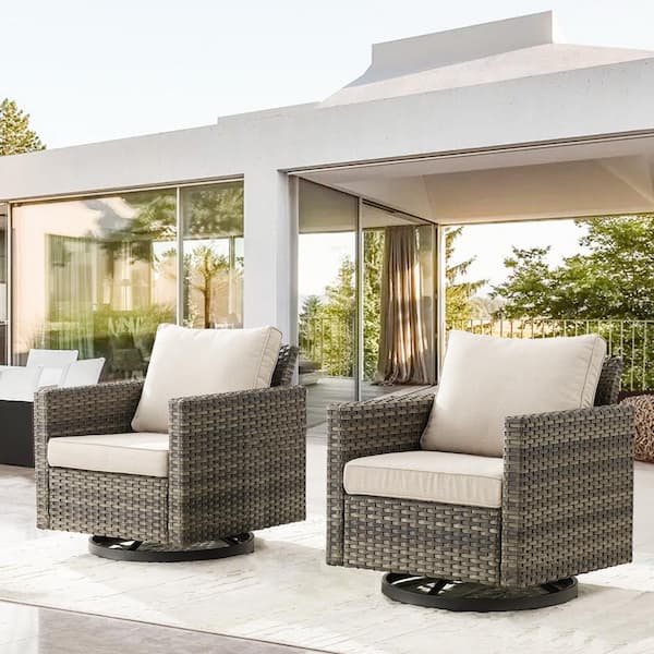 Opohoro U-Weave Metal and Gray Wicker Outdoor Rocking Chair Patio Swivel Chairs with Olefin Beige Cushions (2-Pack)