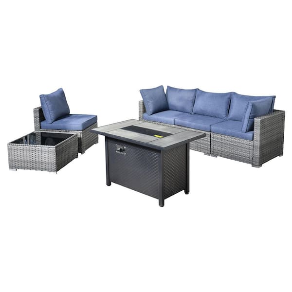 Messi Gray 6-Piece Wicker Outdoor Patio Conversation Sectional Sofa Set with a Metal Fire Pit and Denim Blue Cushions