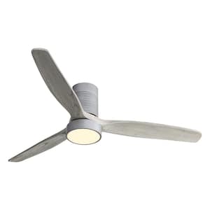 52 in. Indoor Silver Flush Mount Ceiling Fan with 3 Solid Wood Blades, Remote Control, Reversible DC Motor, LED Light