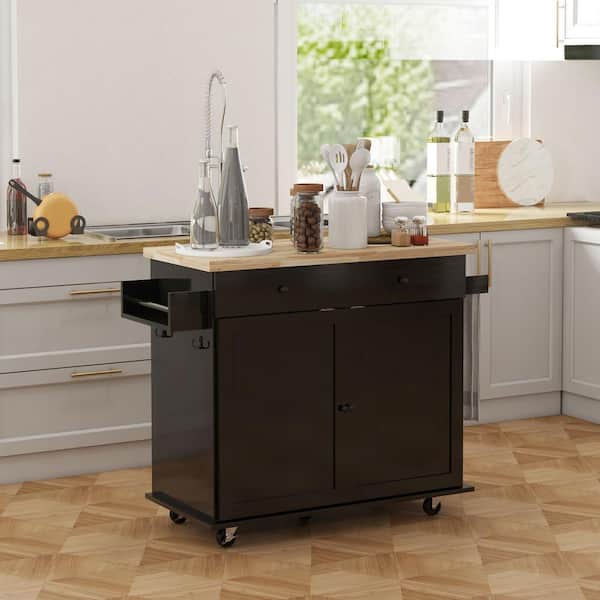 Tenleaf Black Wood 45.50 in. Kitchen Island on Wheels, Rolling Kitchen Cart with Drawers, Adjustable Shelves and 2-Hooks