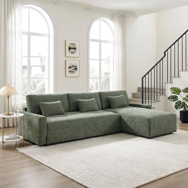 Preston 130.5 in. Square Arm 2-Piece Textured Fabric Rectangle Sectional Sofa with Sleeper and Chaise in Green