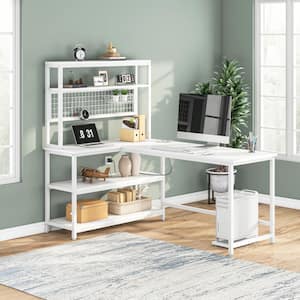 Lanita 55 in. L-Shaped White Wood Computer Desk with Wireless Charging and 5-Tier Bookshelf for Home Office