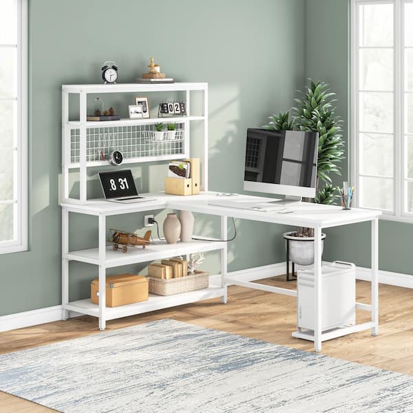 BYBLIGHT Lanita 55 in. L-Shaped White Wood Computer Desk with Wireless Charging and 5-Tier Bookshelf for Home Office