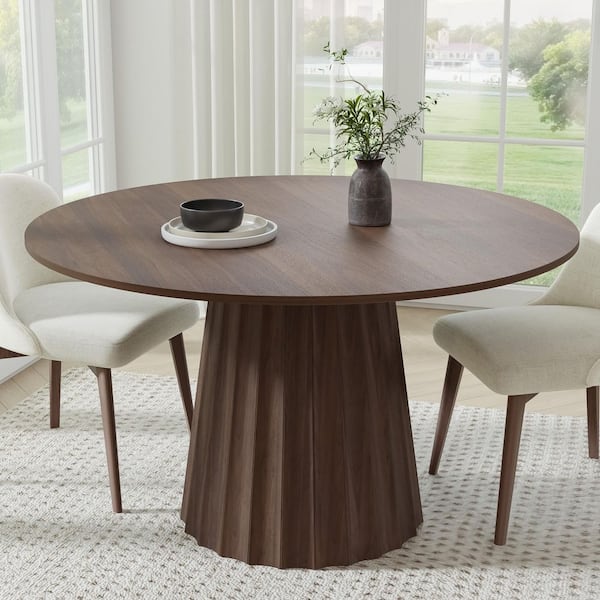 Lirago Cone Walnut Colored Wood 52 in. Column Base Wide Strip Concave Straight Edge Dining Table for 6