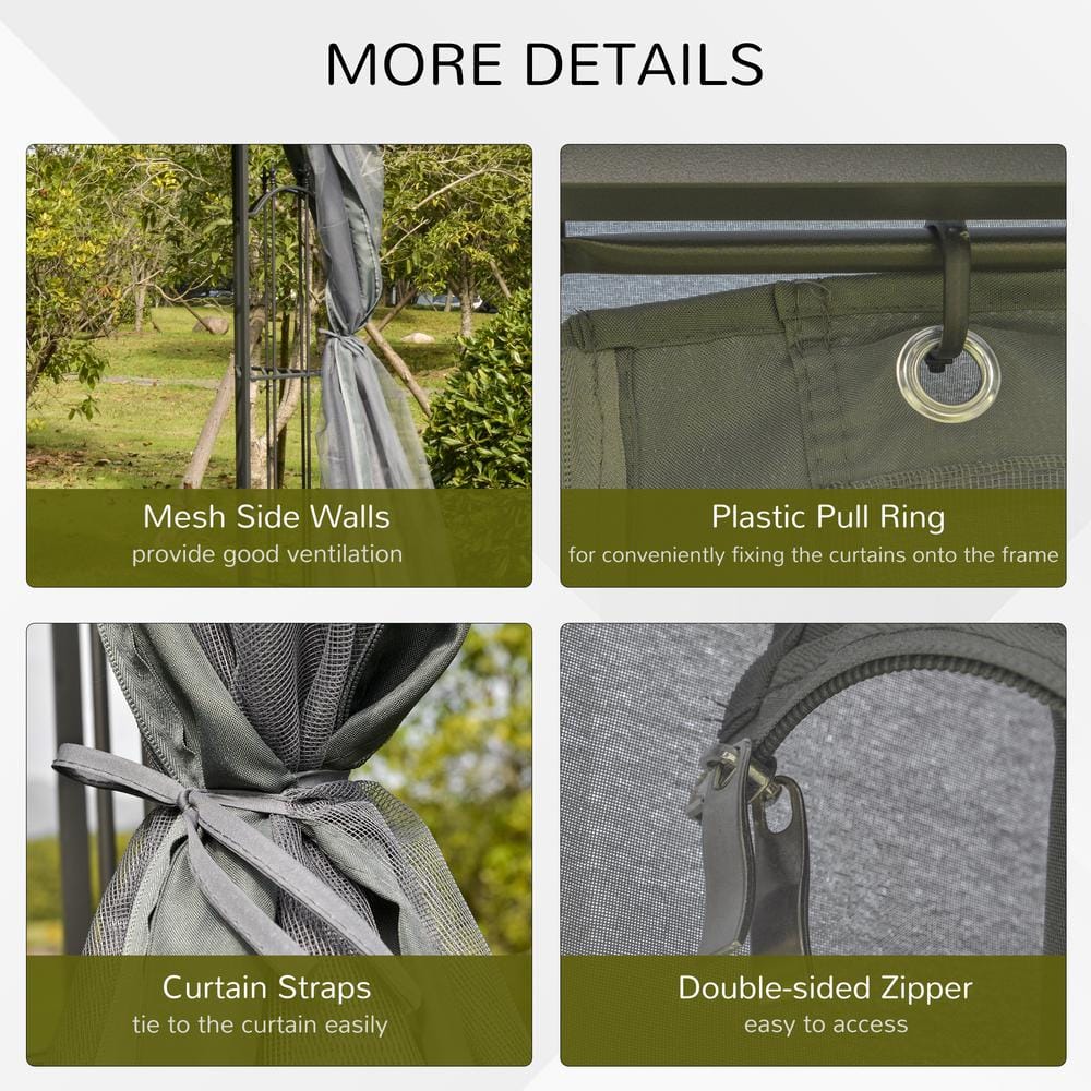 Gray Steel Outdoor Patio Gazebo Canopy with Mesh Curtains and Shelves