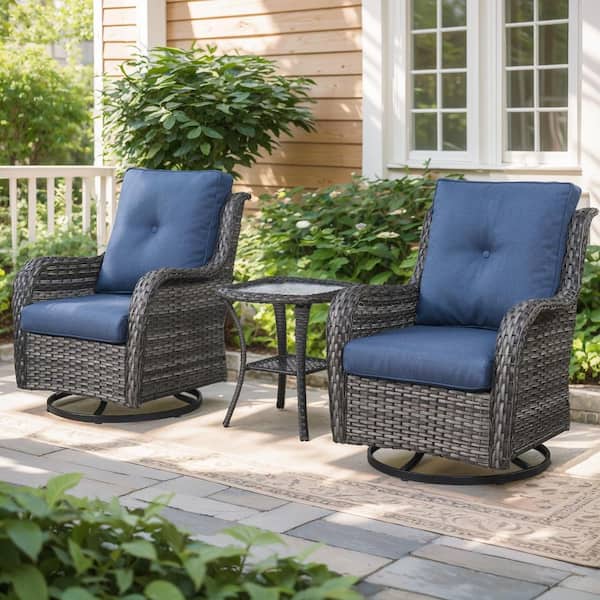 moosprr Modern Farmhouse 3-Piece Gray Wicker Patio Conversation Set with Olefin Blue Cushions and Swivel Gliders/Side Tables