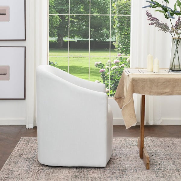 Ivory Performance Fabric Upholstered Barrel Back Rolling Dining Armchair