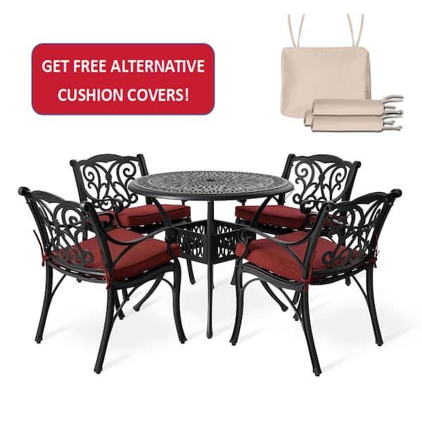 Glitzhome 5-Piece Cast Aluminum Outdoor Dining Set with Wine Red Cushions and Olefin Fabr Alternative Beige Cushion Covers