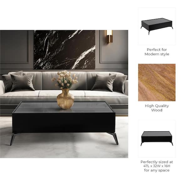 Liv & Skye 47 in. Black Rectangle Glass Top Modern Solid Coffee