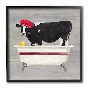 12 in. x 12 in. "Bath Time For Cows at Tub Red Black and Grey Painting" by Tara Reed Framed Wall Art