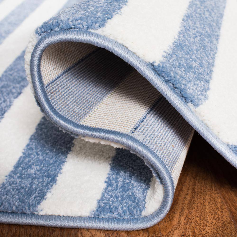 Ivory and Navy Striped Anchor Kids Area Rug, 4' x 4'