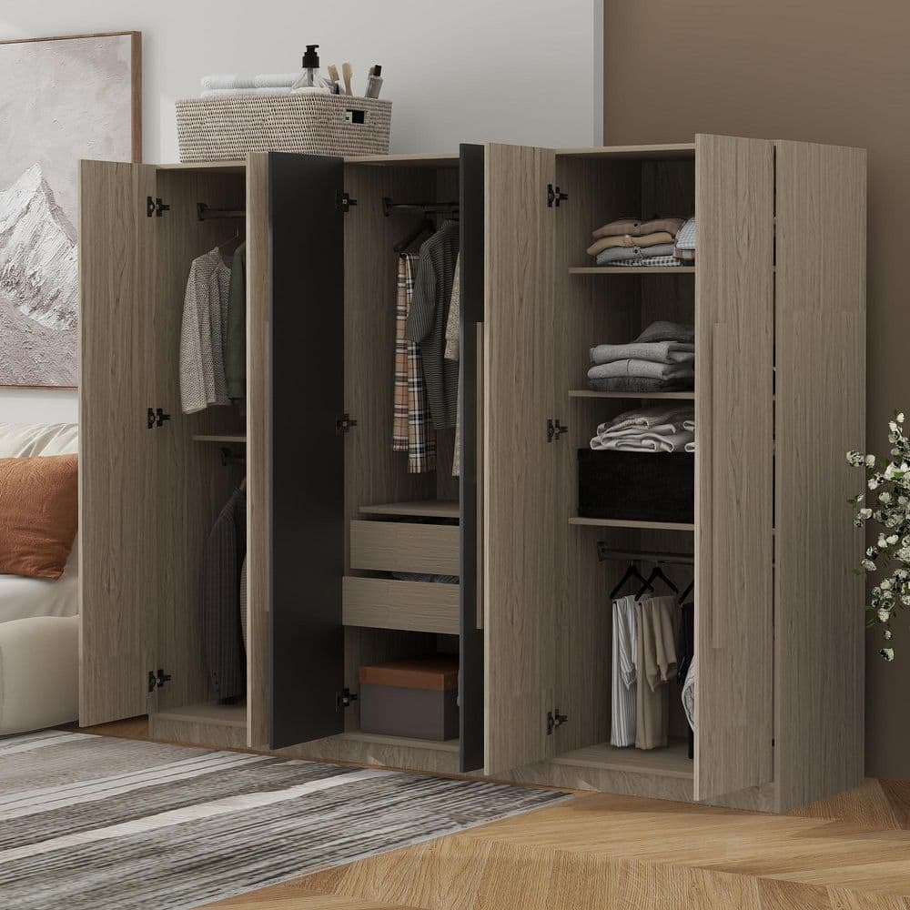 Nestfair 6-Door Wood 82.6 in. Wardrobe with Shelves and 2 Drawers