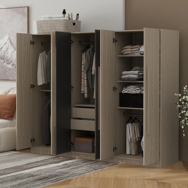 6-Door Wood 82.6 in. Wardrobe with Shelves and 2 Drawers