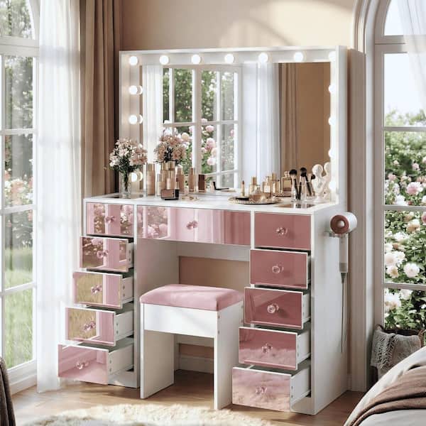 2-Piece Pink and White Makeup Vanity Set with 3-Color LED Mirror, 15-Hollywood Bulbs, Charging Station, Storage Stool