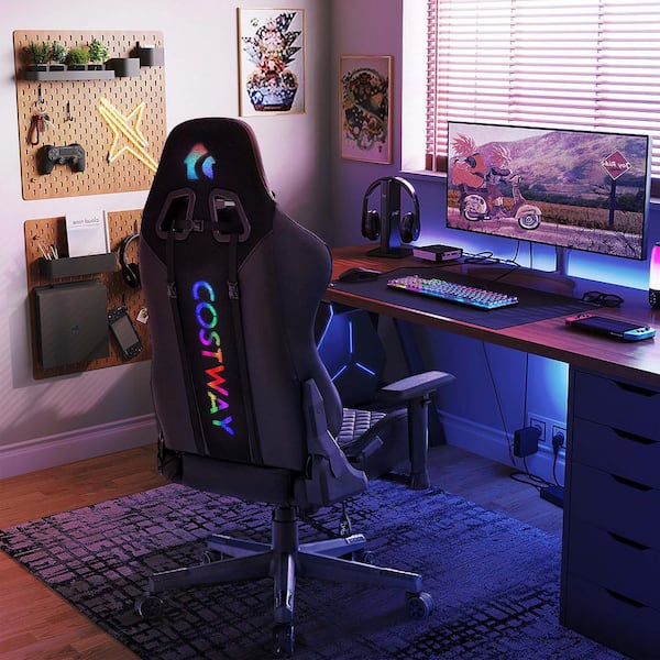 Costway Faux Leather Swivel Ergonomic Gaming Chair in Black with RGB LED Lights And Meta Base And Class-4-Gas Lift